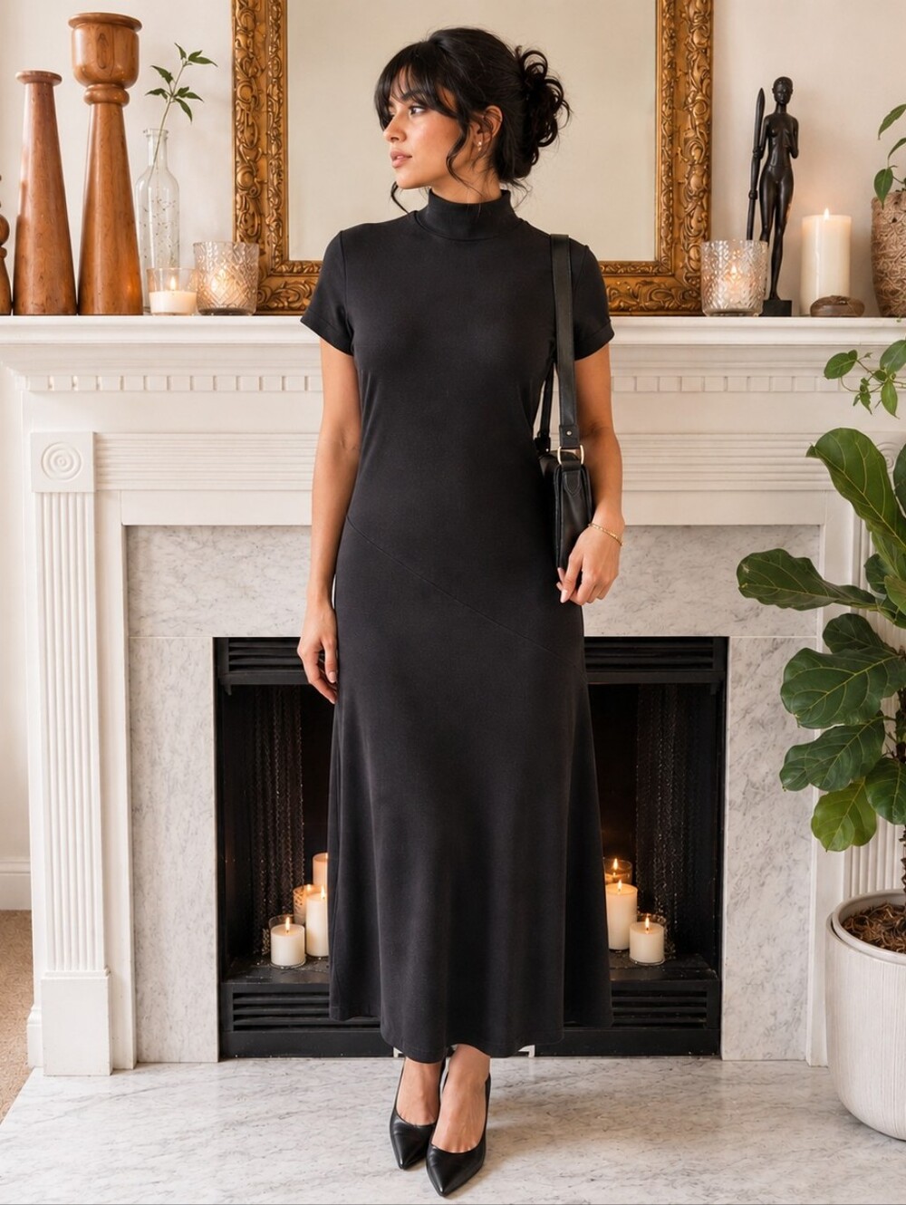 Vintage 90s Dani Max Black Mock Neck Midi Dress Minimalist Size 10 Sophisticated